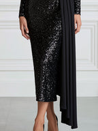 Sequin Off-the-Shoulder Draped Sheath Midi Dress