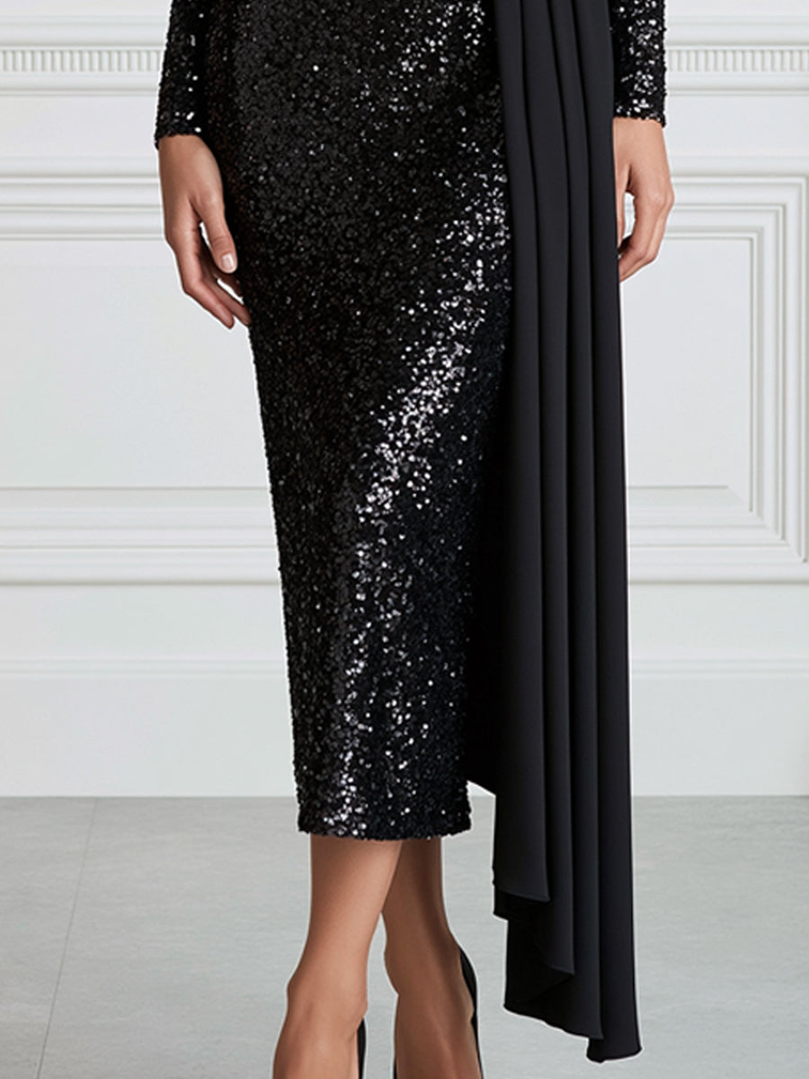 Sequin Off-the-Shoulder Draped Sheath Midi Dress