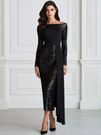 Sequin Off-the-Shoulder Draped Sheath Midi Dress