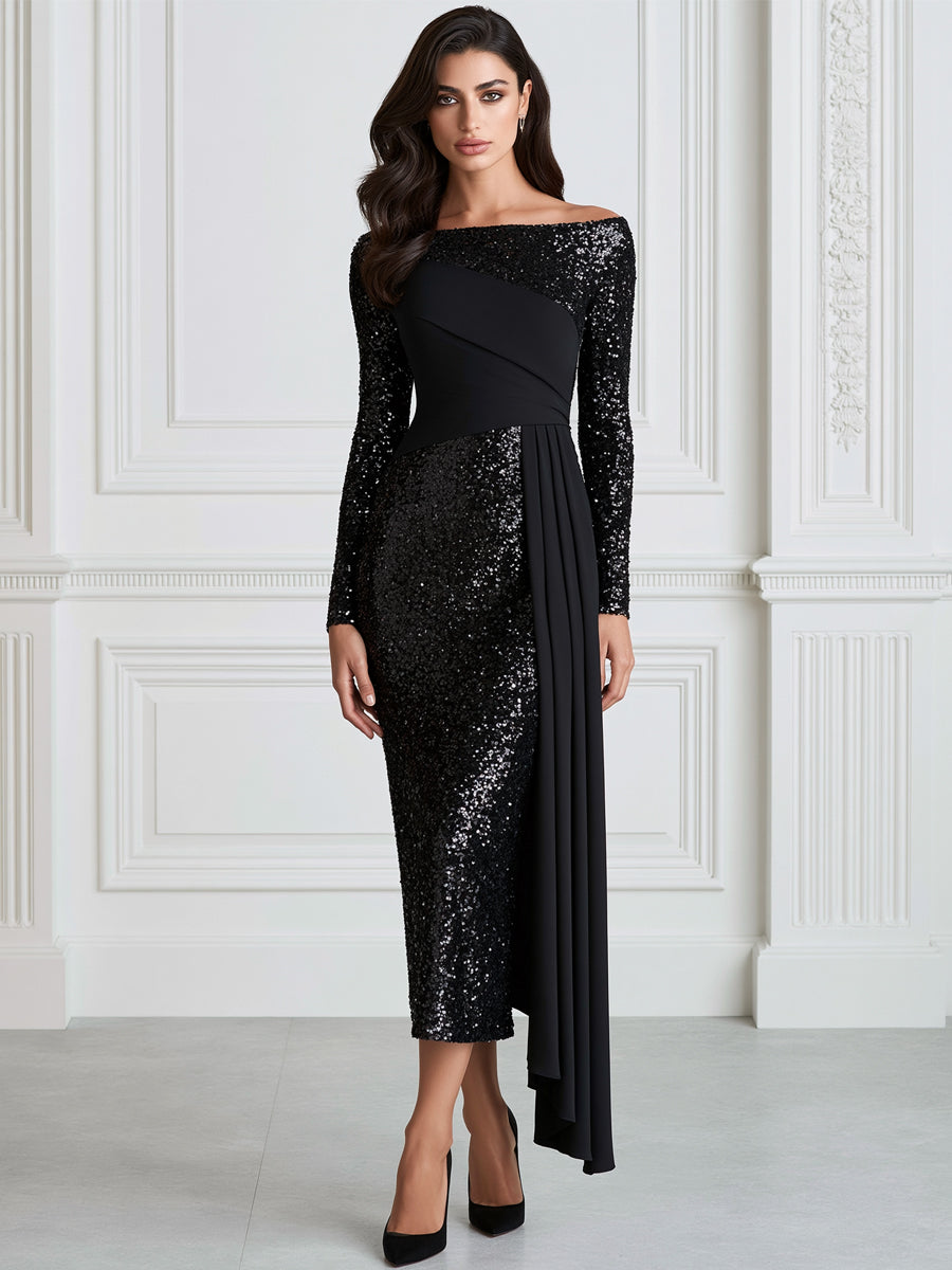 Sequin Off-the-Shoulder Draped Sheath Midi Dress