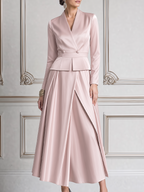 Blush Pink Fall Wedding Guest Dress Shawl Collar Peplum Top & A-Line Maxi Skirt Set