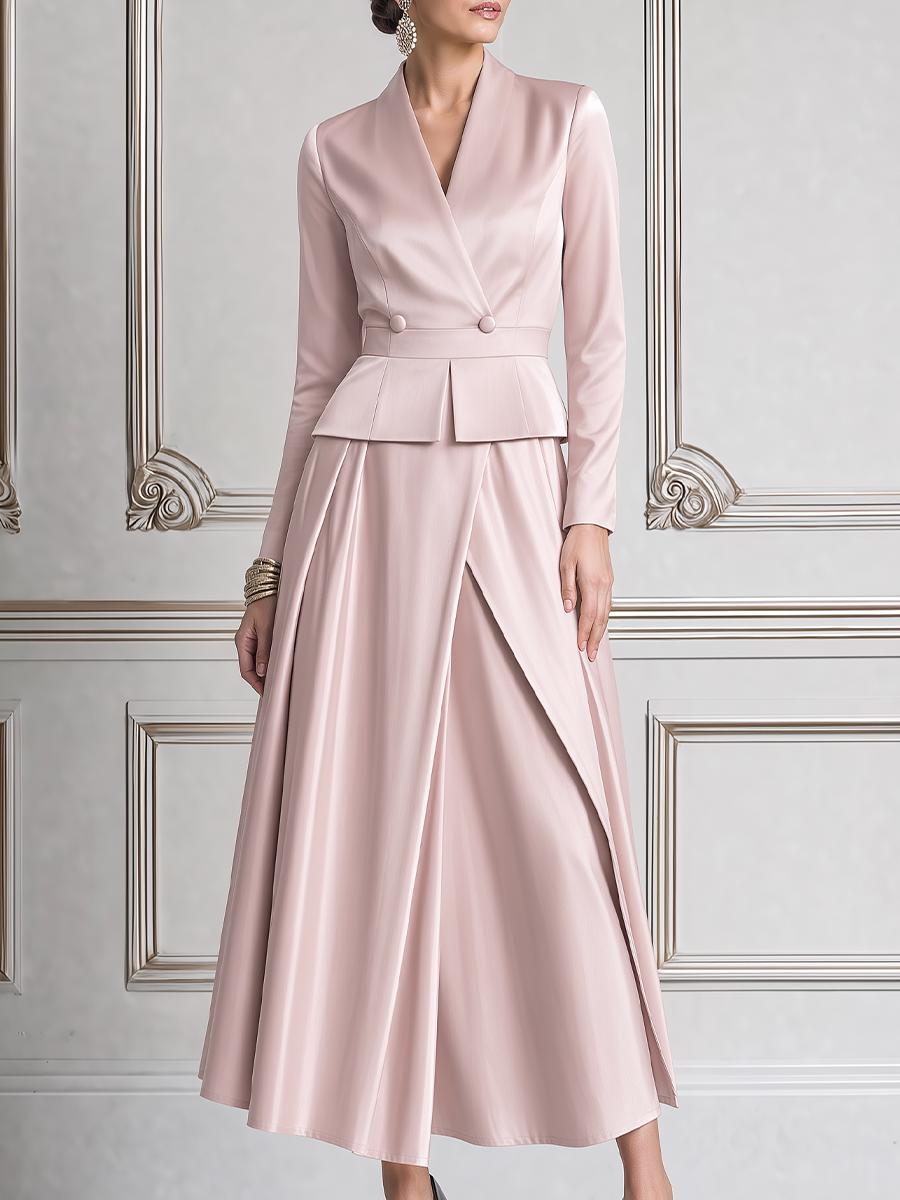 Blush Pink Fall Wedding Guest Dress Shawl Collar Peplum Top & A-Line Maxi Skirt Set