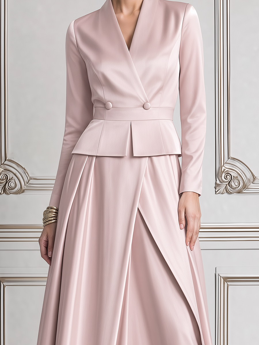 Blush Pink Fall Wedding Guest Dress Shawl Collar Peplum Top & A-Line Maxi Skirt Set