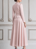 Blush Pink Fall Wedding Guest Dress Shawl Collar Peplum Top & A-Line Maxi Skirt Set