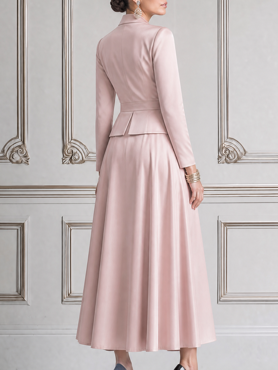 Blush Pink Fall Wedding Guest Dress Shawl Collar Peplum Top & A-Line Maxi Skirt Set