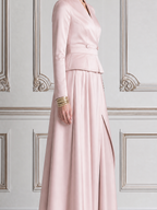 Blush Pink Fall Wedding Guest Dress Shawl Collar Peplum Top & A-Line Maxi Skirt Set