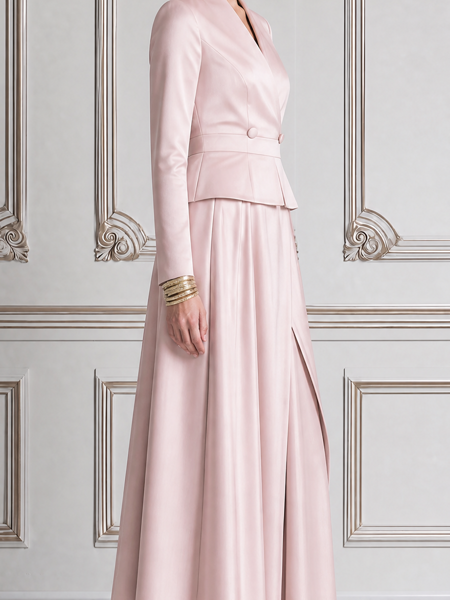 Blush Pink Fall Wedding Guest Dress Shawl Collar Peplum Top & A-Line Maxi Skirt Set