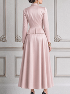 Blush Pink Fall Wedding Guest Dress Shawl Collar Peplum Top & A-Line Maxi Skirt Set