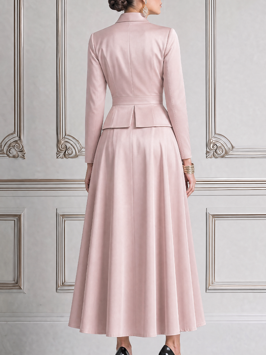Blush Pink Fall Wedding Guest Dress Shawl Collar Peplum Top & A-Line Maxi Skirt Set