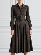 Brown Leopard Belted Shirt A‑Line Midi Dress