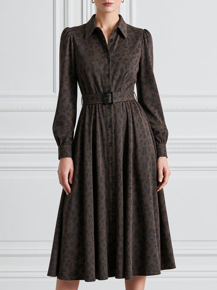 Brown Leopard Belted Shirt A‑Line Midi Dress