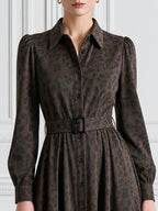 Brown Leopard Belted Shirt A‑Line Midi Dress
