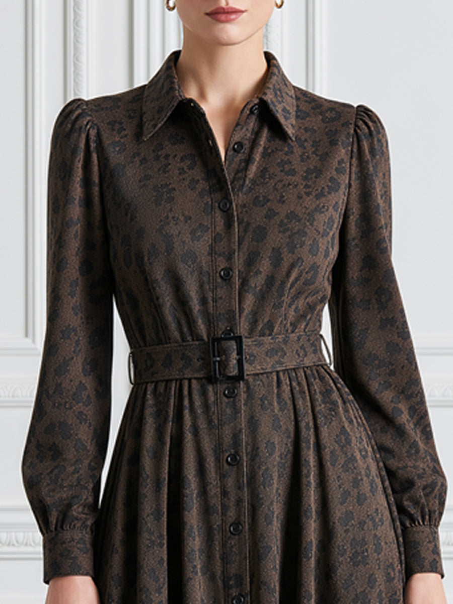 Brown Leopard Belted Shirt A‑Line Midi Dress