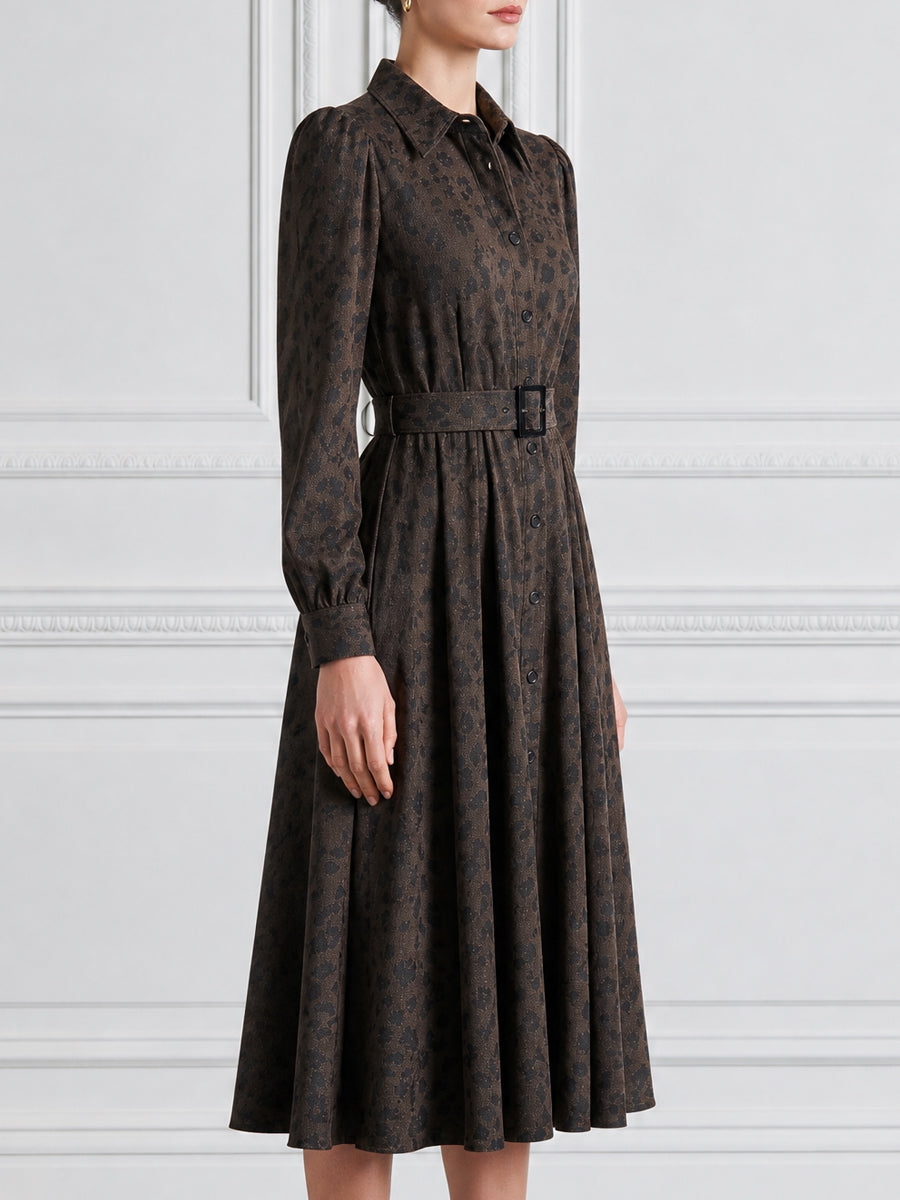 Brown Leopard Belted Shirt A‑Line Midi Dress