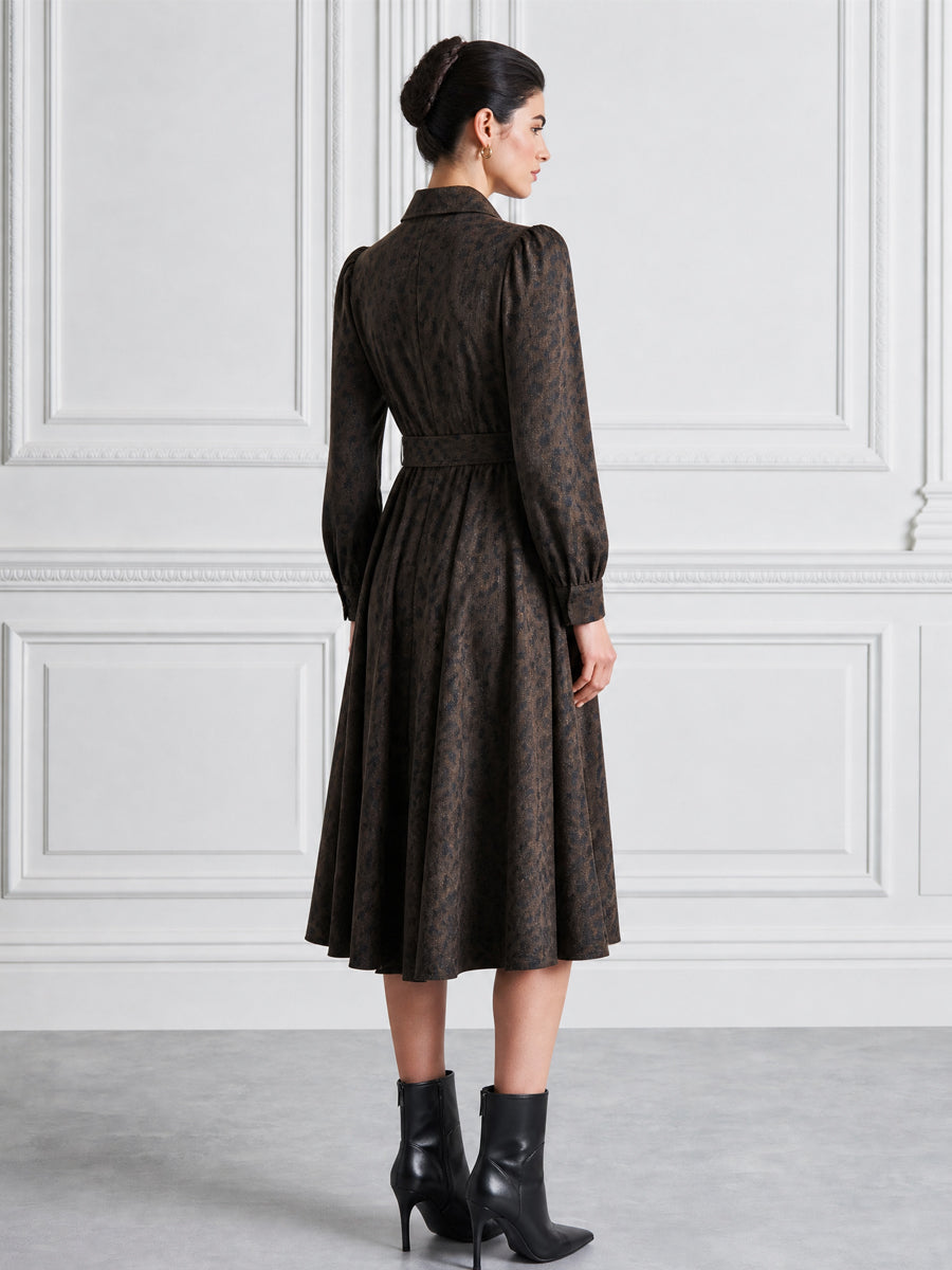 Brown Leopard Belted Shirt A‑Line Midi Dress