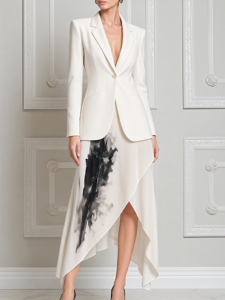 White Dress Fall Fashion Peak Lapel Blazer & Abstract Print Asymmetric Maxi Skirt Set