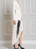 White Dress Fall Fashion Peak Lapel Blazer & Abstract Print Asymmetric Maxi Skirt Set