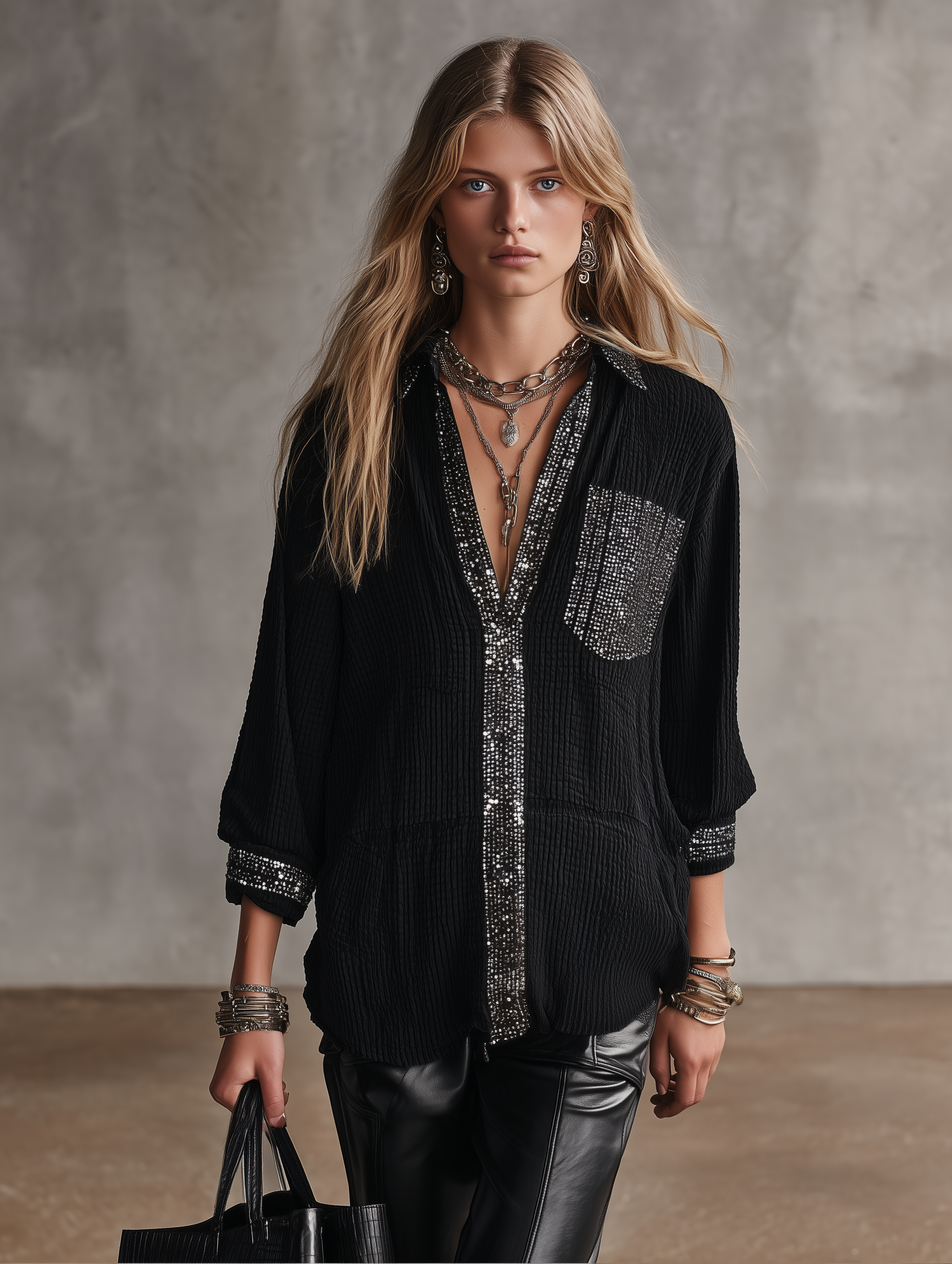 Women's Embellished Sequin Trim Oversized Blouse