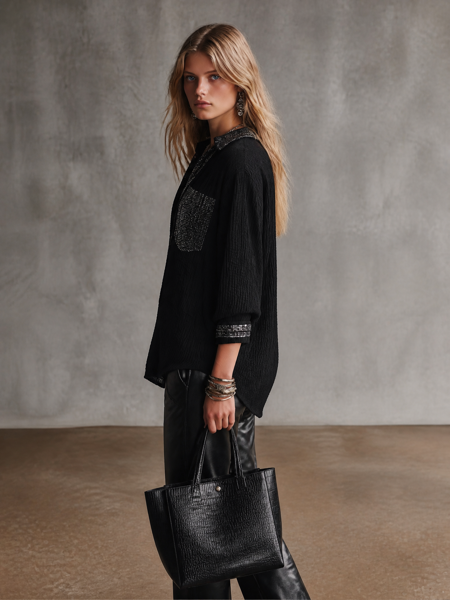 Women's Embellished Sequin Trim Oversized Blouse
