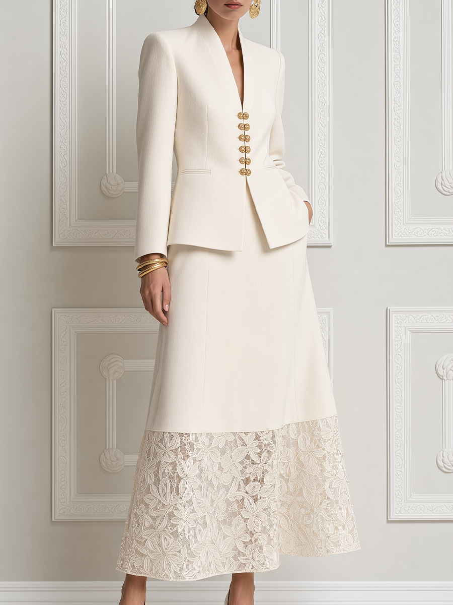 White Lace Shawl Collar Blazer & A-Line Maxi Skirt Set