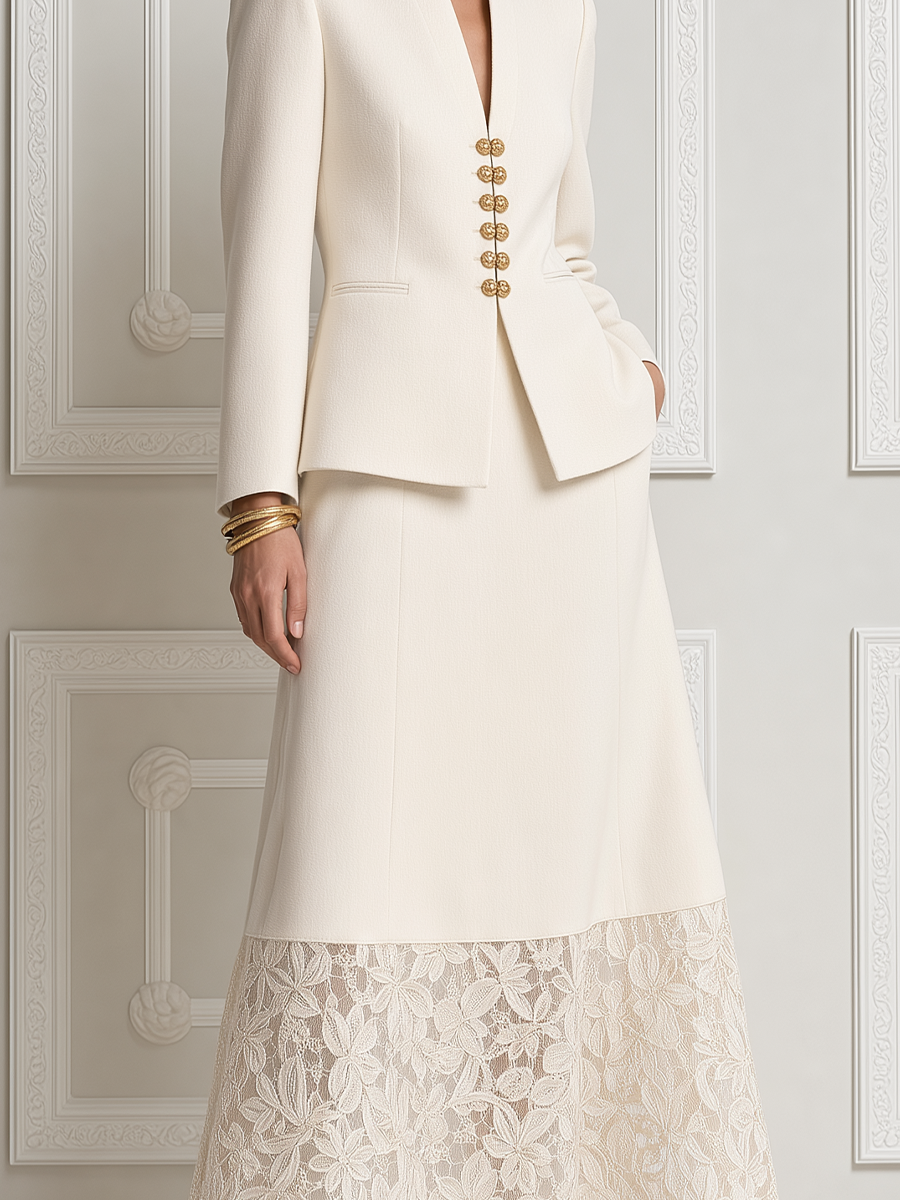 White Lace Shawl Collar Blazer & A-Line Maxi Skirt Set