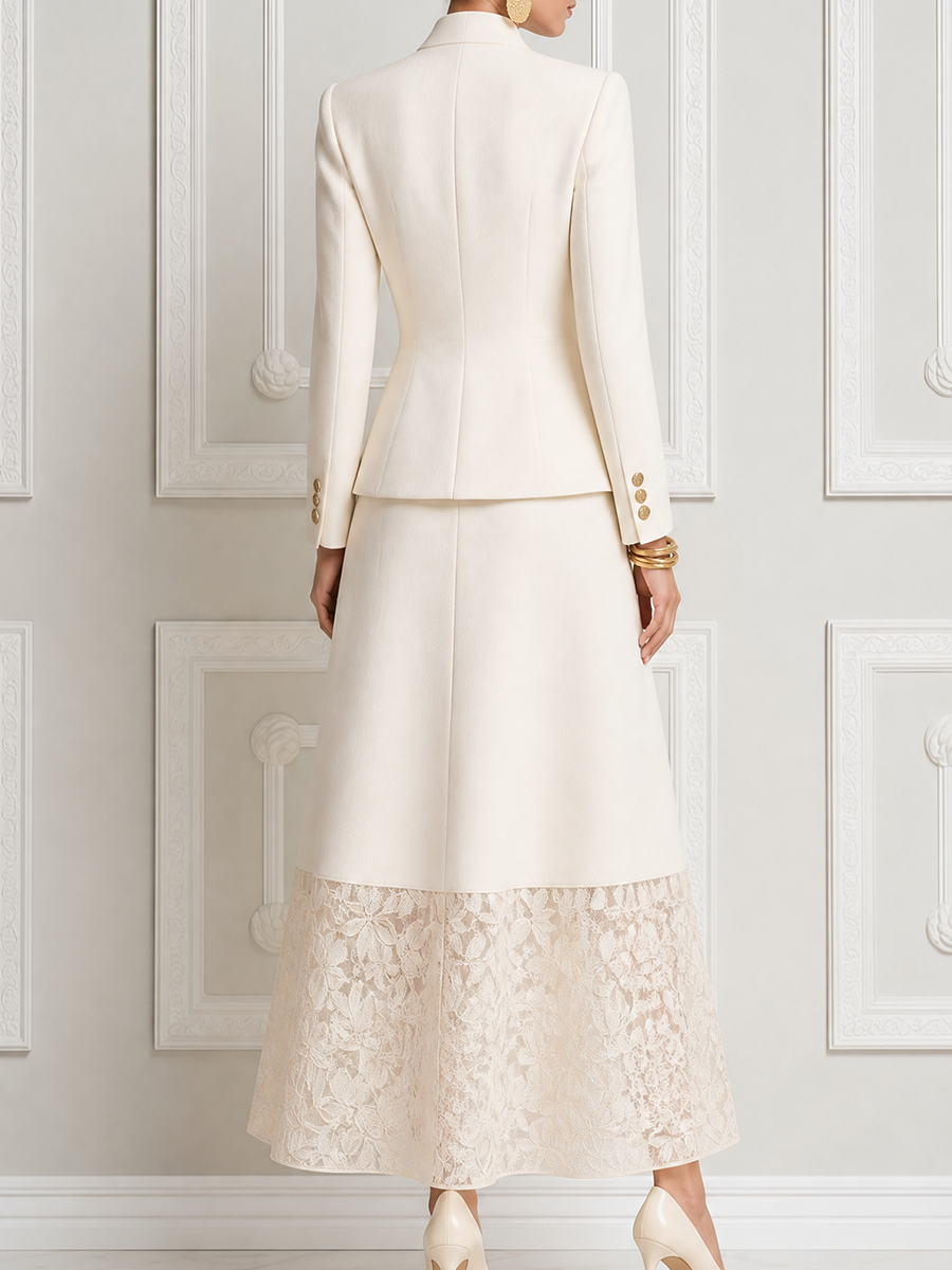 White Lace Shawl Collar Blazer & A-Line Maxi Skirt Set