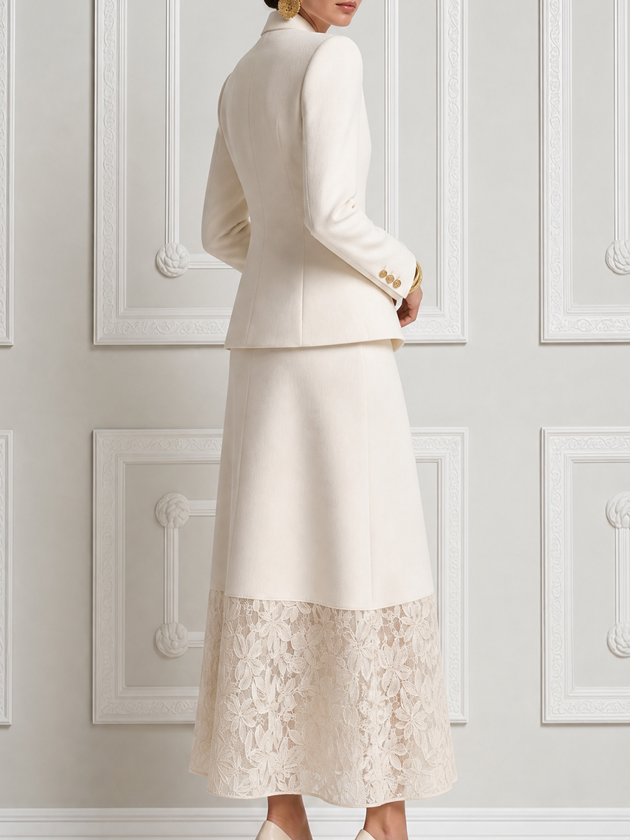 White Lace Shawl Collar Blazer & A-Line Maxi Skirt Set