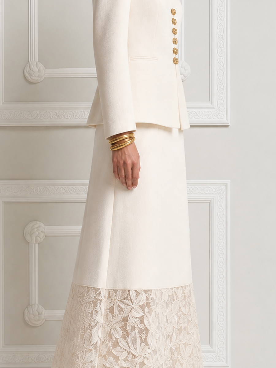 White Lace Shawl Collar Blazer & A-Line Maxi Skirt Set