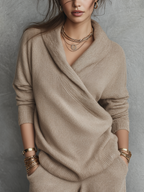 Oatmeal Camel Overlapping V-neck Knit Top
