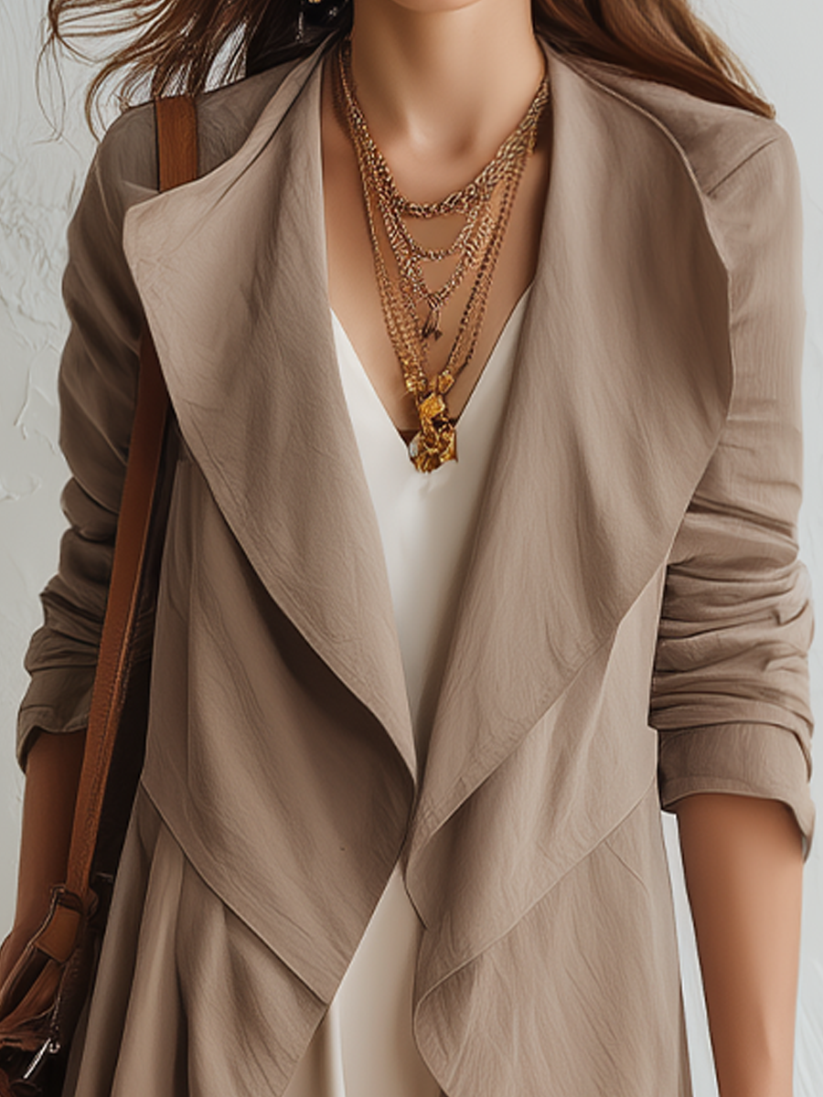 Elegant Taupe Draped Waterfall Longline Jacket