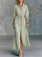 Quiet Luxe Sage Green Linen-Look Shirt Dress