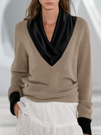 Quiet Luxe Satin Scarf Collar Knit Sweater Top