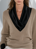 Quiet Luxe Satin Scarf Collar Knit Sweater Top
