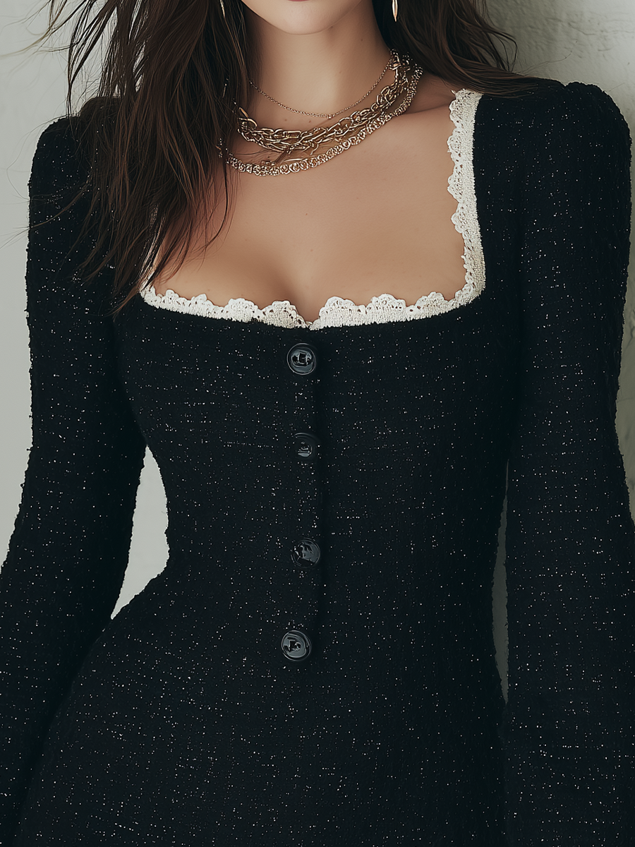 Refined Black Lace-Trim Square Neck Mini Dress
