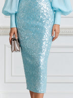 Elegant Mock Neck Bishop Sleeve & Sequin Pencil Skirt Set