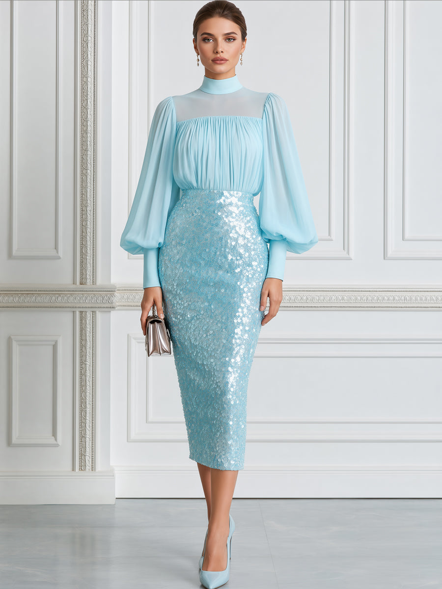 Elegant Mock Neck Bishop Sleeve & Sequin Pencil Skirt Set