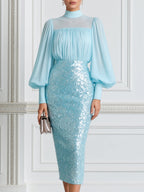 Elegant Mock Neck Bishop Sleeve & Sequin Pencil Skirt Set