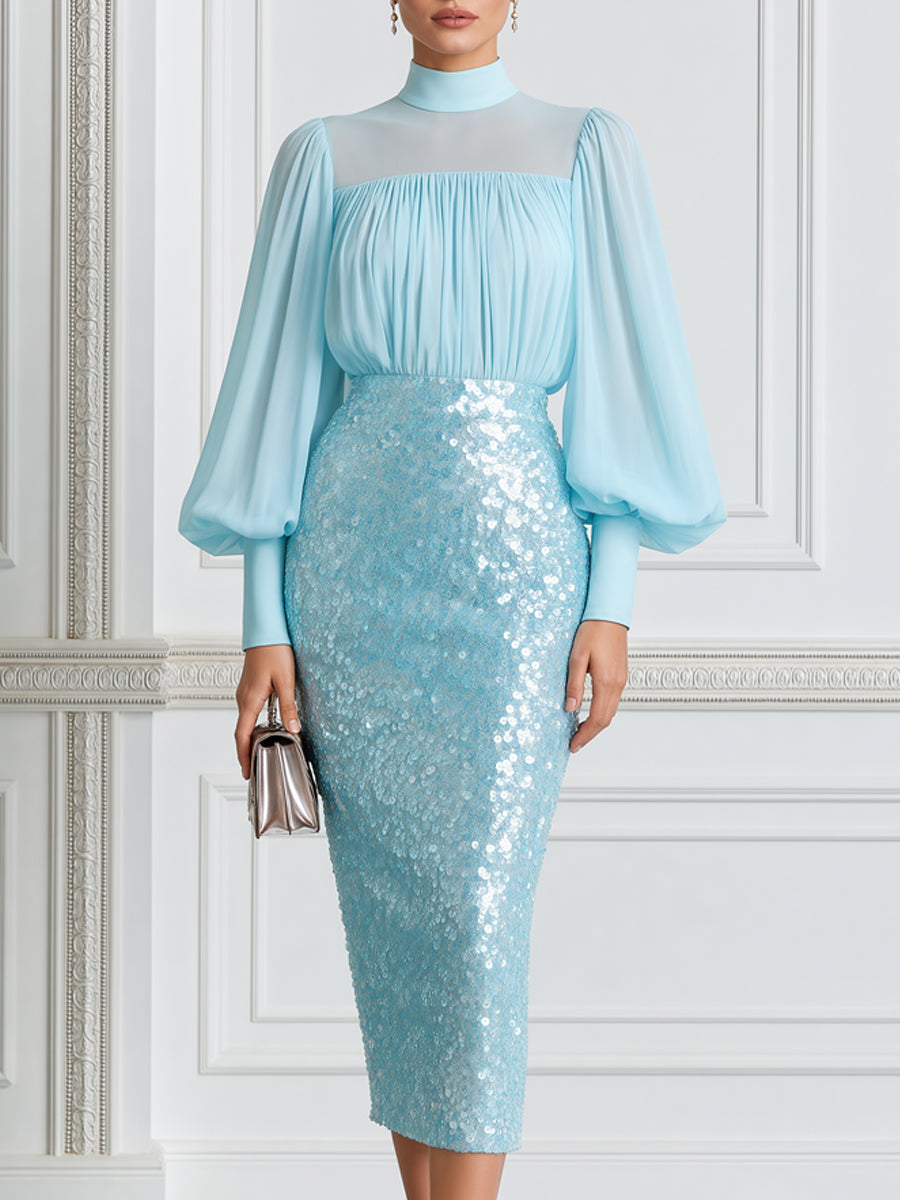 Elegant Mock Neck Bishop Sleeve & Sequin Pencil Skirt Set