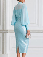 Elegant Mock Neck Bishop Sleeve & Sequin Pencil Skirt Set
