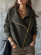 Women's Oversized Asymmetric Zip Ribbed Knit Sweater Jacket