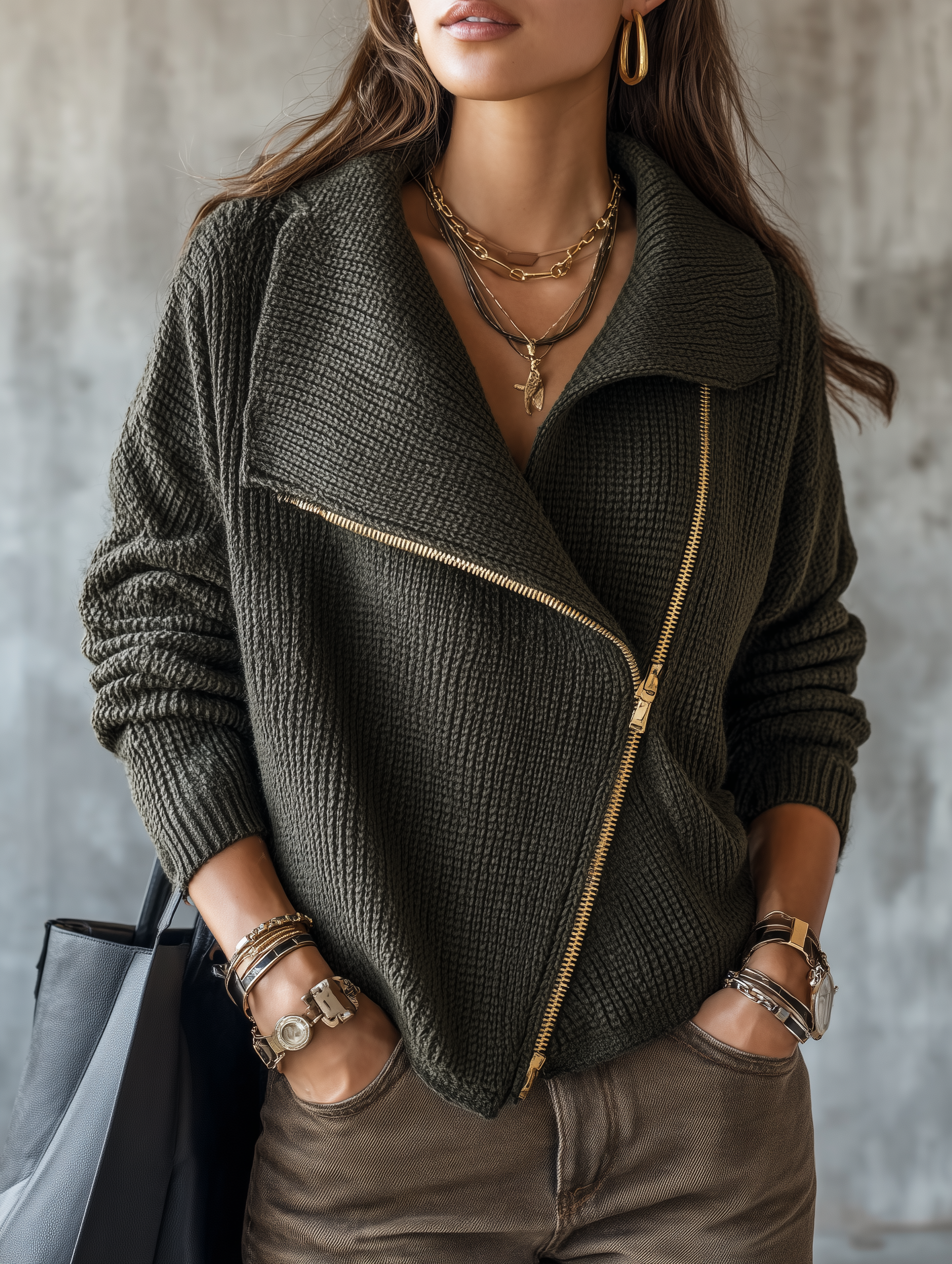 Women's Oversized Asymmetric Zip Ribbed Knit Sweater Jacket