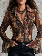 Boho Earth Tone Abstract Pattern Chiffon Blouse With Flared Sleeve