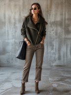 Women's Oversized Asymmetric Zip Ribbed Knit Sweater Jacket
