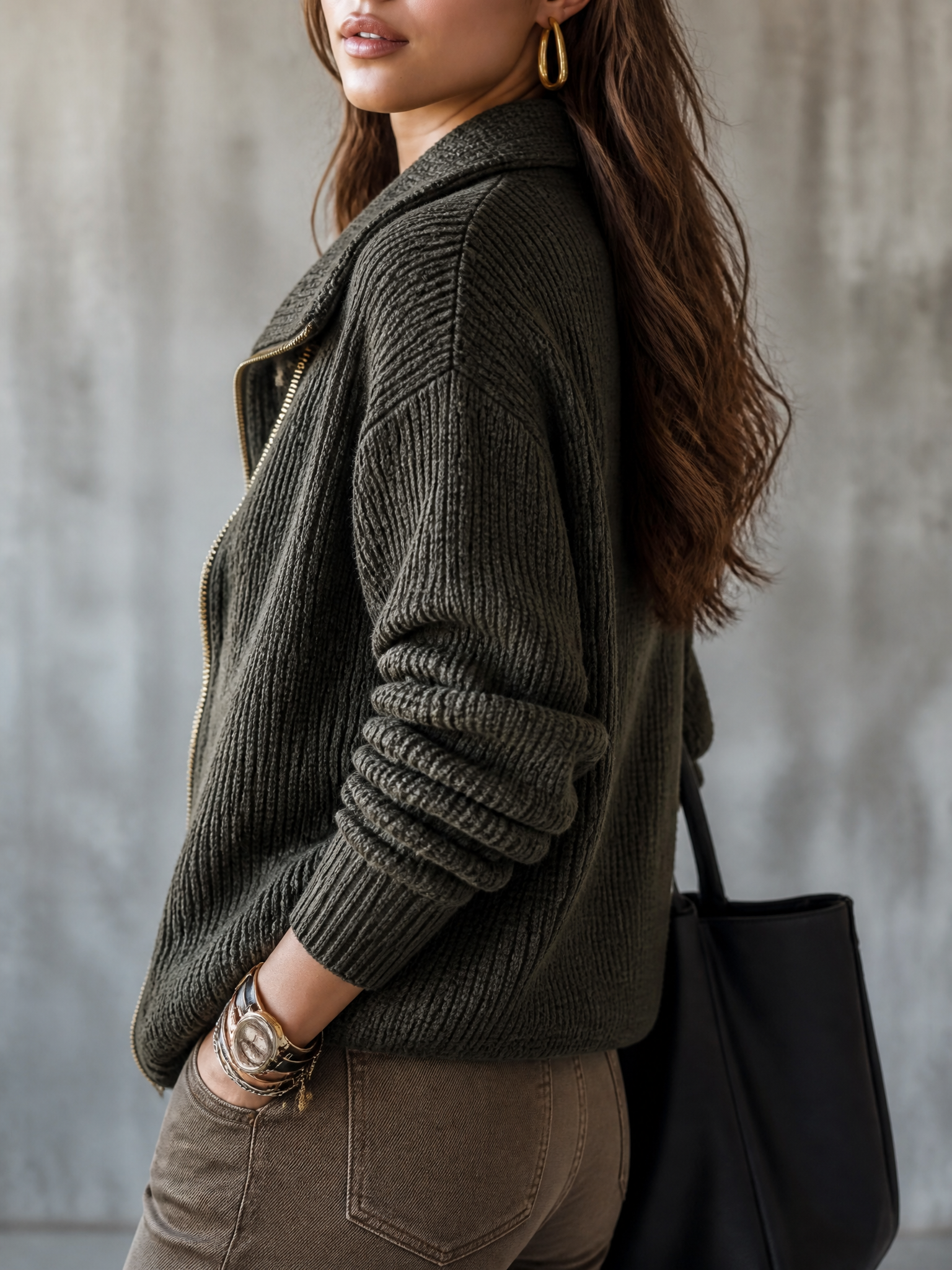 Women's Oversized Asymmetric Zip Ribbed Knit Sweater Jacket