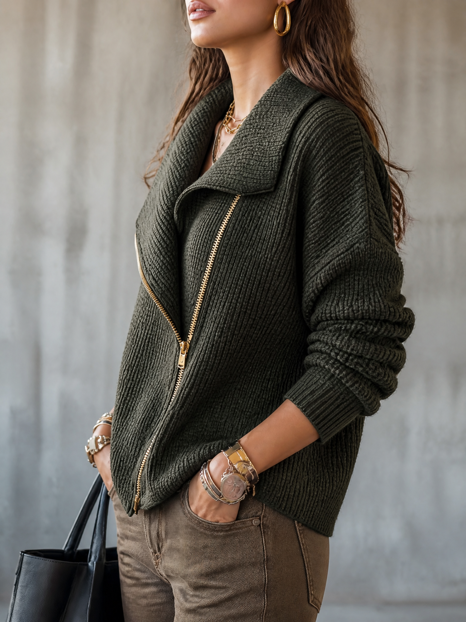 Women's Oversized Asymmetric Zip Ribbed Knit Sweater Jacket