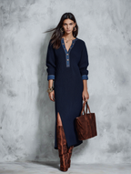 Casual Knit Denim-Trim Navy Blue Maxi Sweater Dress