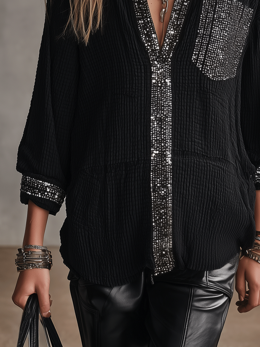 Women's Embellished Sequin Trim Oversized Blouse