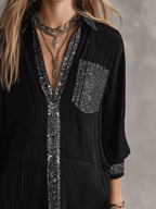 Women's Embellished Sequin Trim Oversized Blouse