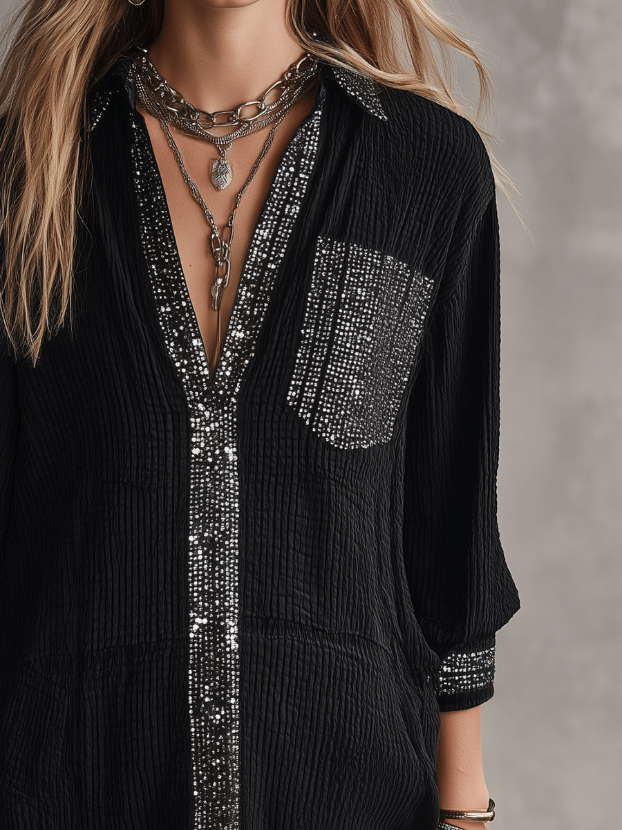 Women's Embellished Sequin Trim Oversized Blouse