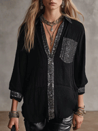 Women's Embellished Sequin Trim Oversized Blouse
